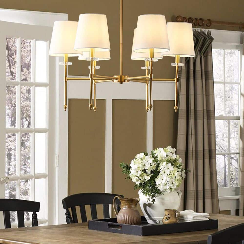 Cillian 27" Satin Gold Brass 6-Light LED Chandelier with White Fabric Shades