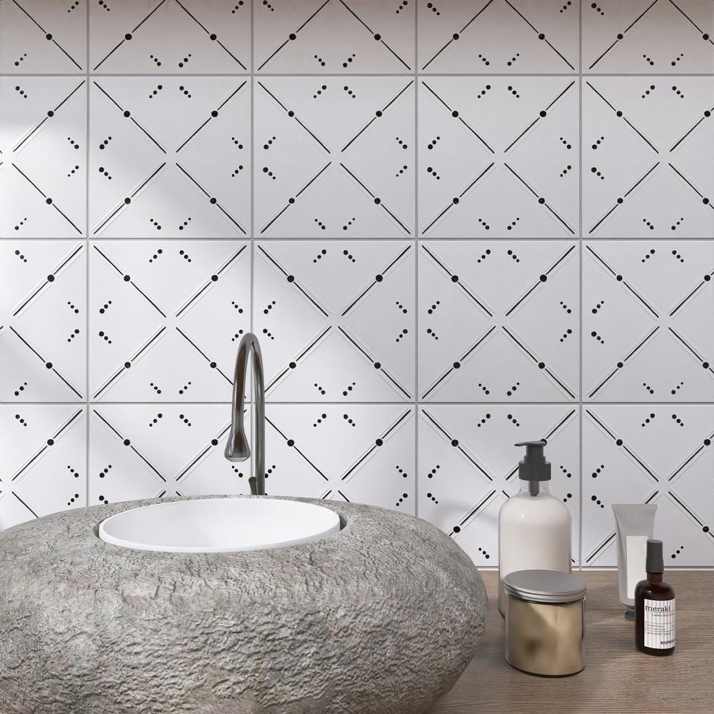 Kenzo 8" x 8" White and Black Porcelain Patterned Tile