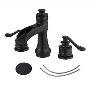 8 in. Widespread Double Handle Bathroom Faucet Brass Waterfall Sink Basin Faucets with Drain Assembly in Matte Black