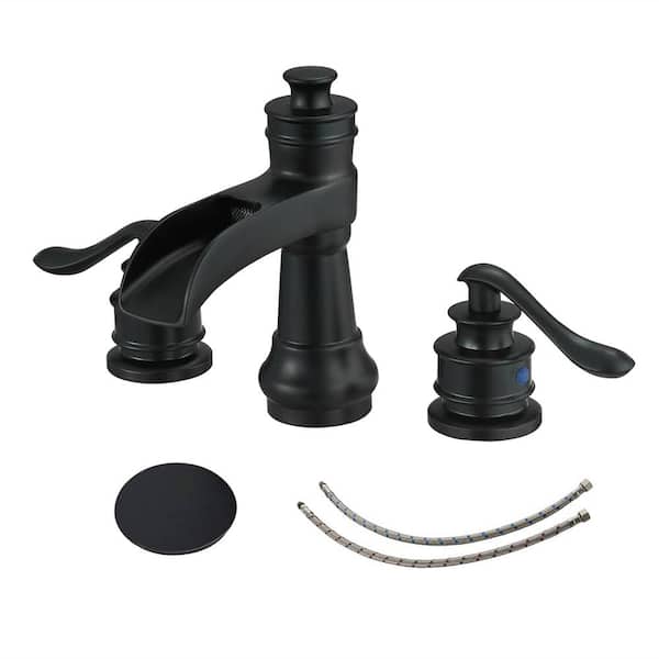 FLG 8 in. Widespread Double Handle Bathroom Faucet Brass Waterfall Sink Basin Faucets with Drain Assembly in Matte Black