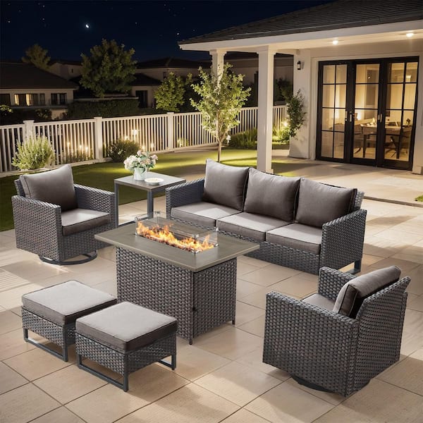 Brown Swivel Glider Wicker Outdoor Rocking Chair with Gray Cushions (2-Pack)