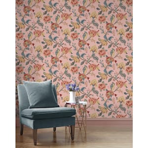 56 sq. ft. Blush Lana Jacobean Floral Prepasted Paper Wallpaper Roll