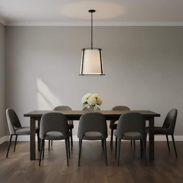 Cortes 18 in. W x 22.625 in. H 2-Light Midnight Black Transitional Pendant Light with White Linen Fabric Shade