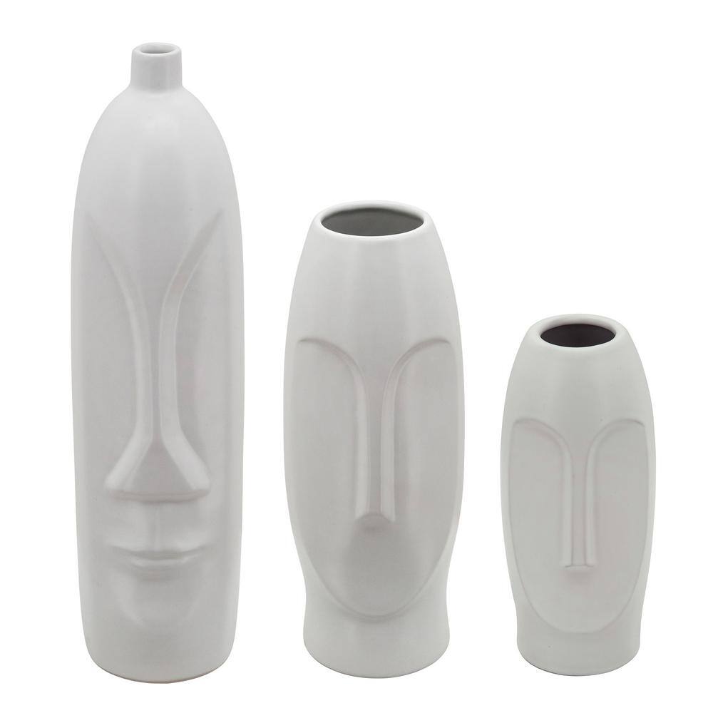 Eloise 18" White Ceramic Bouquet Vase with Abstract Face Design