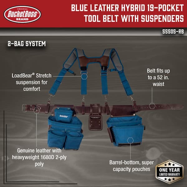 2-Bag Hybrid Suspension Rig Work Tool Belt with Suspenders in Blue