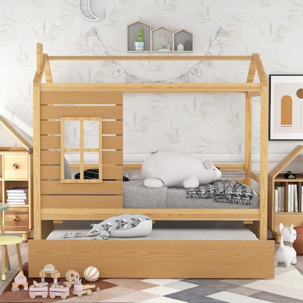 Urtr Natural Wood Twin House Bed For, Twin Bed For Toddler Trundle