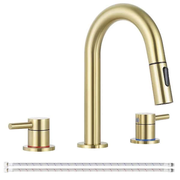 AKLFGN Double Handles 8 in. Widespread Bathroom Sink Faucet 3-Hole with Pull Out Sprayer in Brushed Gold