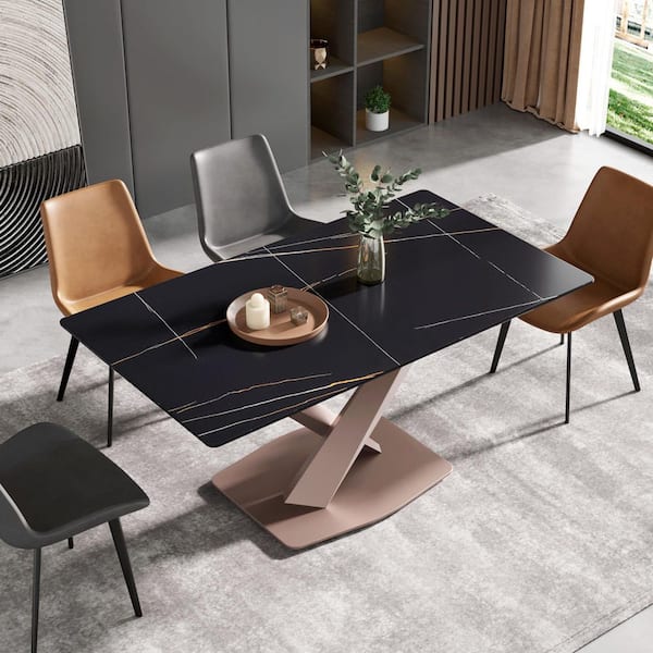 Magic Home 63 in. Sintered Stone Rectangle Black Top Cross Legs Cross Purple Carbon Steel Base Dining Table (6 Seats)