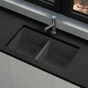 Stonehaven 33 in. Undermount 50/50 Double Bowl Charcoal Gray Granite Composite Kitchen Sink with Charcoal Strainer