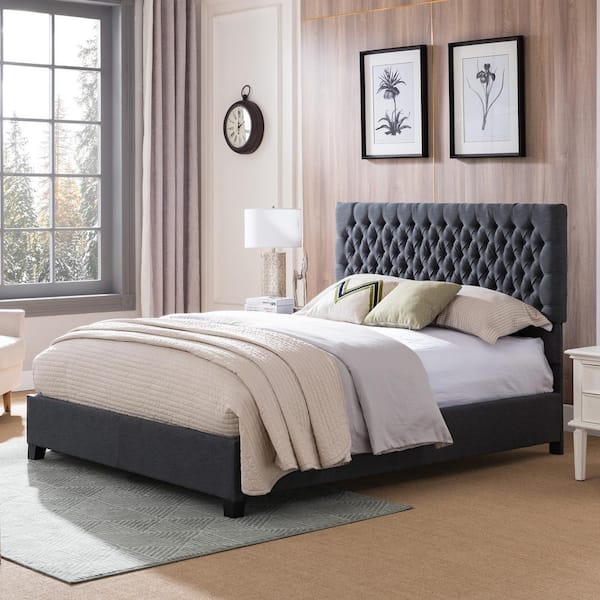 Noble House Scout Queen-Size Tufted Dark Gray Fabric and Wood Bed Frame ...