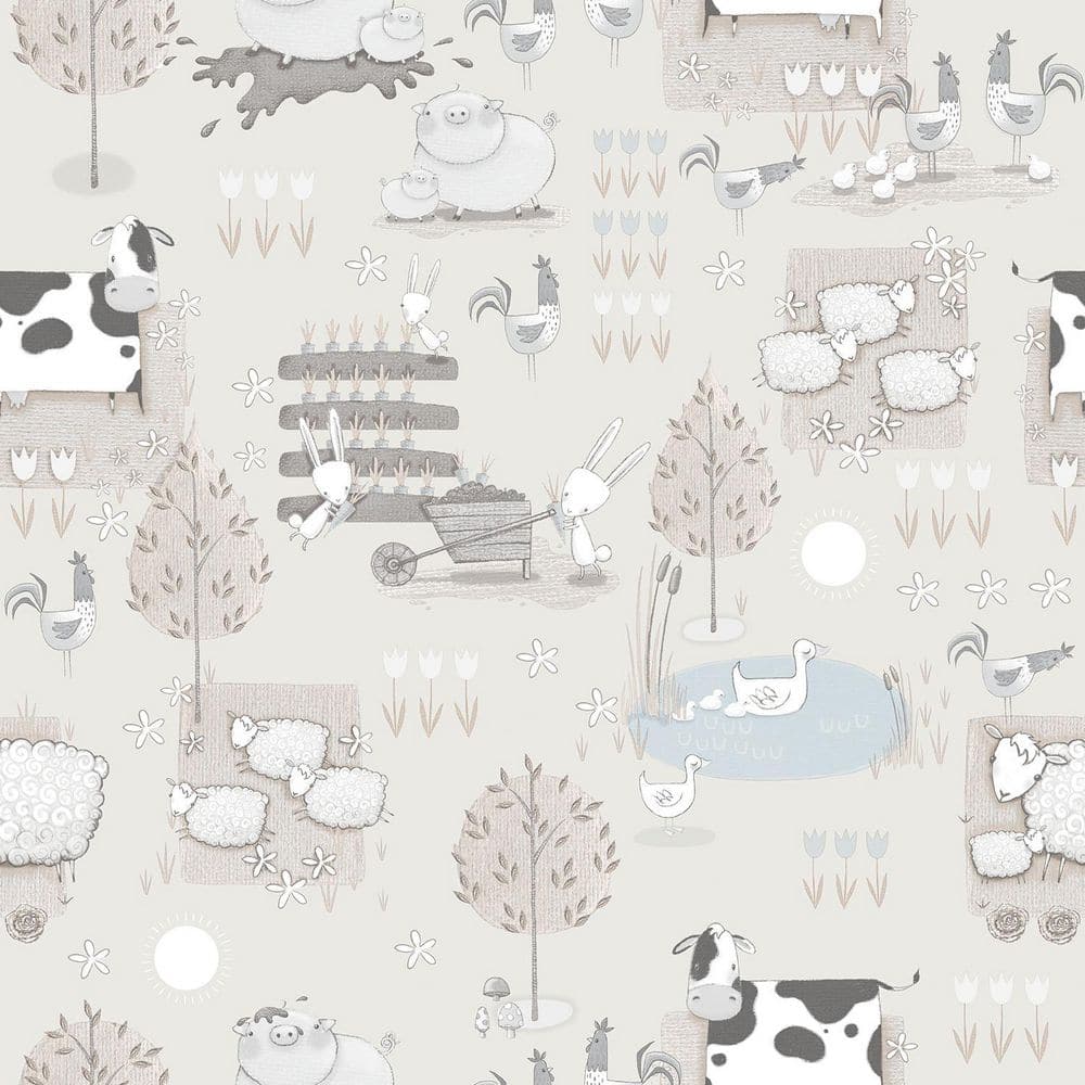 Tiny Tots 2 Collection Greige/Blue Matte Finish Farmland Animals Non-Woven 