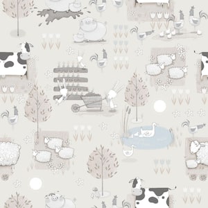 Tiny Tots 2 Collection Greige/Blue Matte Finish Farmland Animals Non-Woven Paper Wallpaper Roll