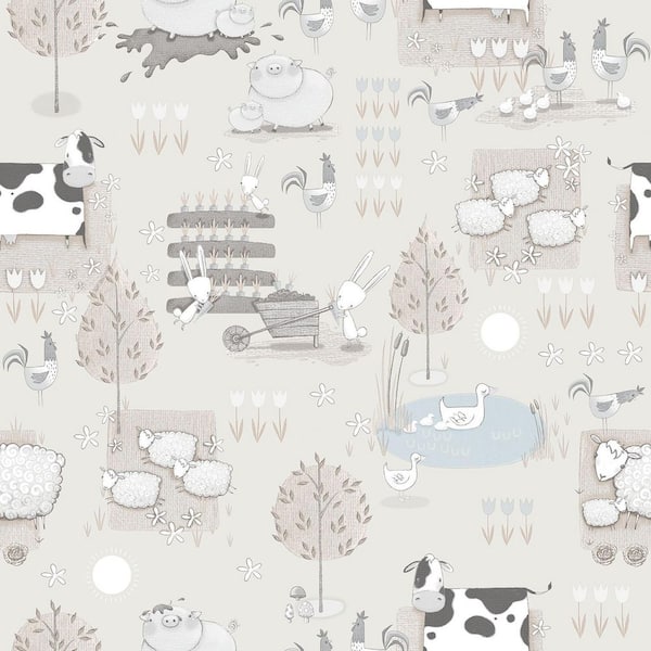 Unbranded Tiny Tots 2 Collection Greige/Blue Matte Finish Farmland Animals Non-Woven Paper Wallpaper Roll