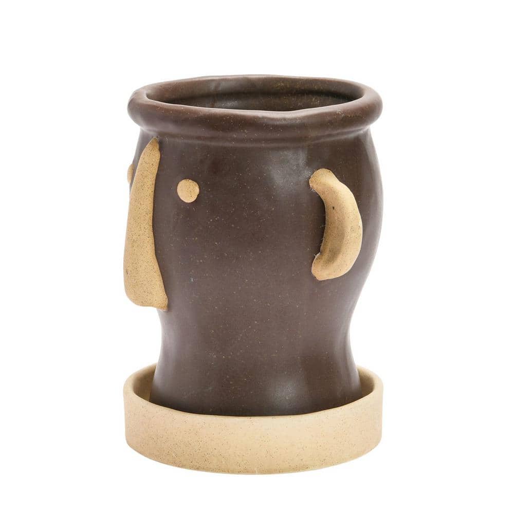 Matte Black and Cream Stoneware Face Planter with Saucer