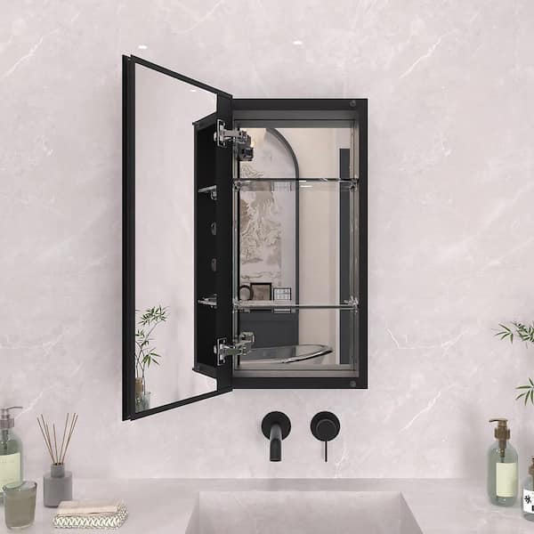 TaiMei 12 in. W x 24 in. H Small Rectangular Black Aluminum Recessed/Surface Mount Medicine Cabinet with Mirror