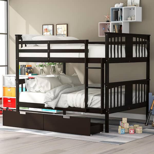Harper & Bright Designs Espresso Full Wood Bunk Bed with Drawers and Ladder
