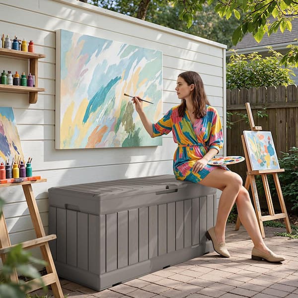 82 Gal. Fusion Style Deck Box Light Mocha Outdoor Resin Storage Box