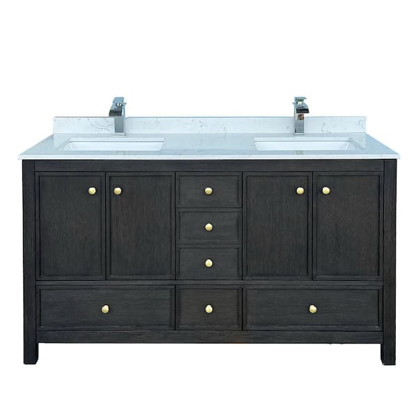 60 in. W x 22 in. D x 35 in. H Double Sink Bath Vanity Cabinet in Black Oak with Calacatta Cultured Marble Top
