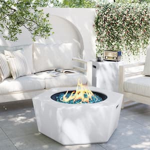 41 in. 50,000 BTU Porcelain White Dark Gray Hexagon Concrete Outdoor Propane Gas Fire Pit Table with Propane Tank Cover