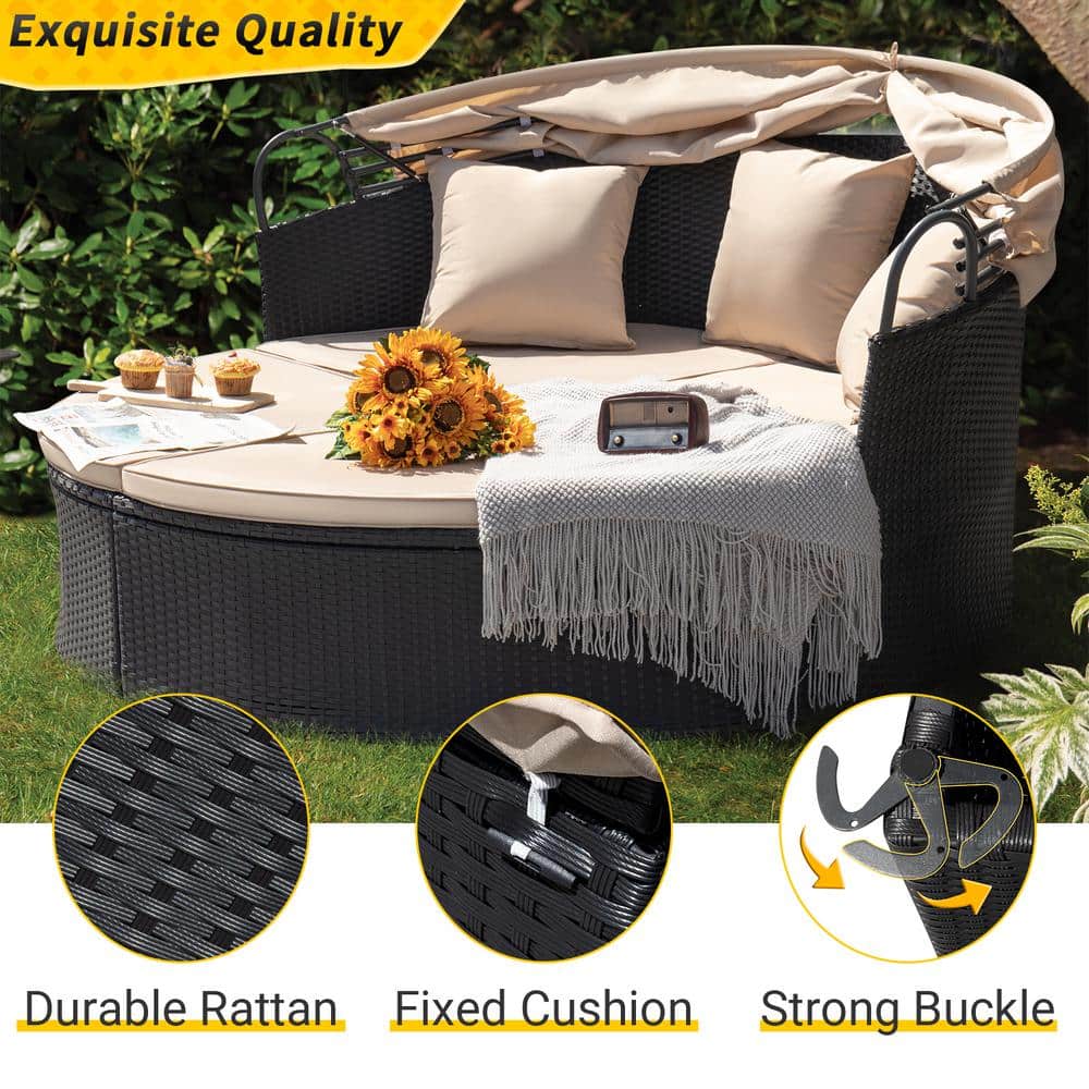 Beige Cushioned Black Steel Outdoor Round Daybed with Retractable Canopy