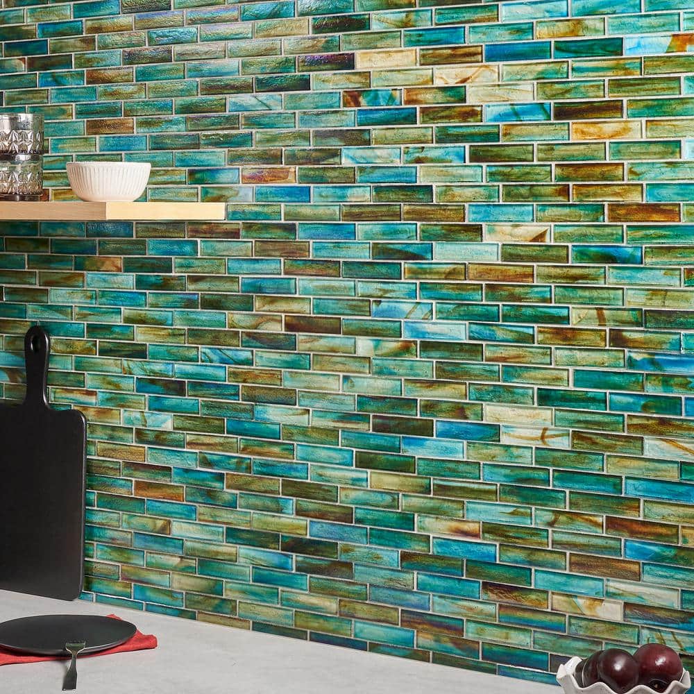 Lagoon Green Polished Glass Brick Joint Mosaic Wall Tile
