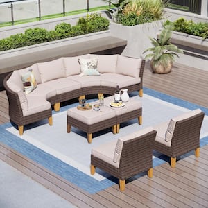 Brown Rattan Wicker 9 Seat 9-Piece Steel Outdoor Patio Conversation Set with Beige Cushions