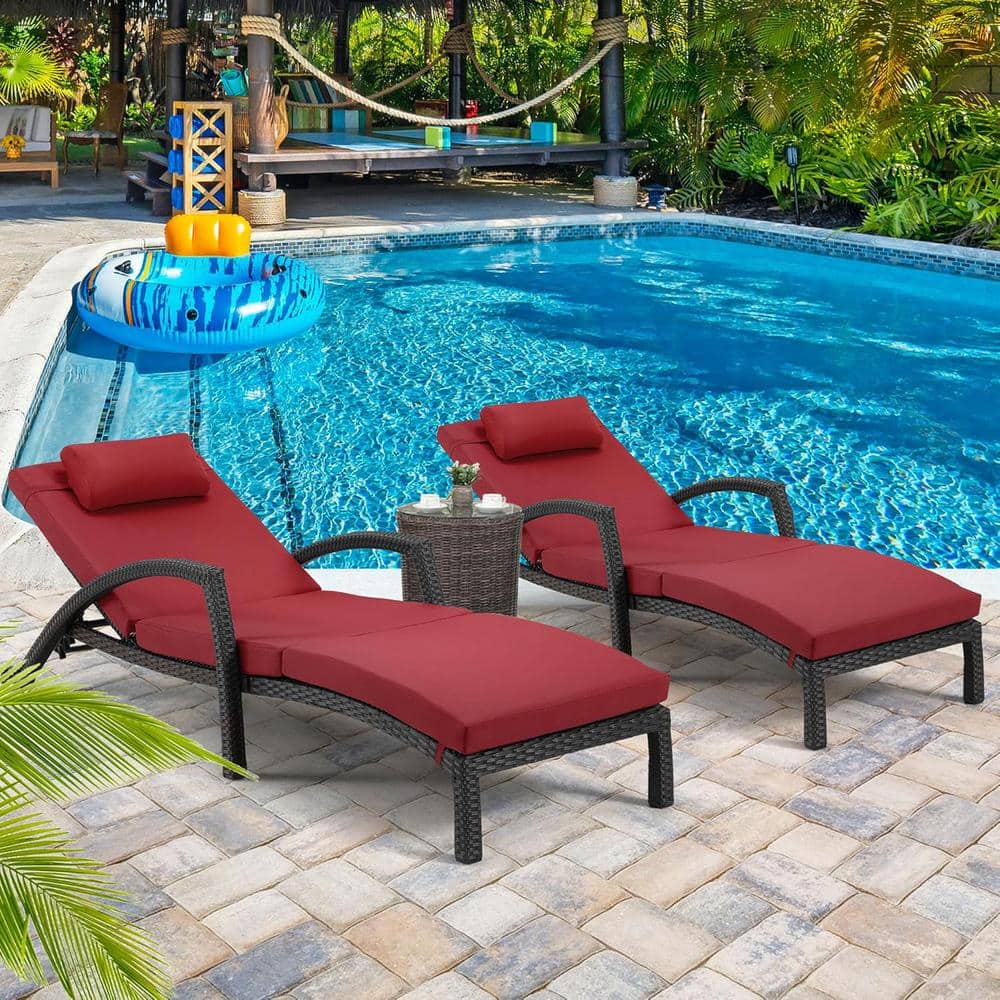 Red and Black Adjustable Wicker Outdoor Chaise Lounge Set