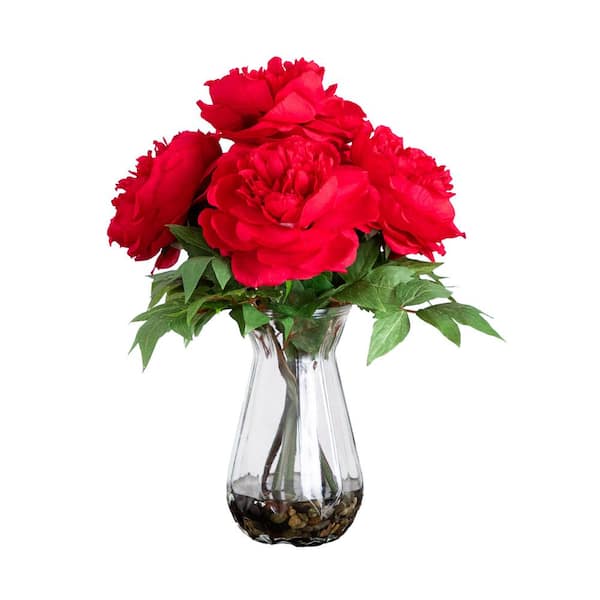 Nearly Natural 16 in. Artificial Peony Arrangement in Glass Vase
