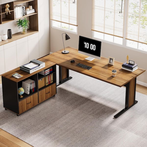 Capen 63 in. Brown and Black Wood L-Shaped Executive Desk and Mobile File Cabinet Business Furniture Set for Home Office