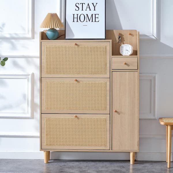 49.6 in. H x 37.40 in. W Japanese Rattan Walnut Color MDF Shoe Storage Cabinet for Hallway and Living Room