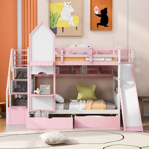 ANBAZAR Pink Kids Castle Bunk Bed with Storage Drawers, Shelf, Slide ...