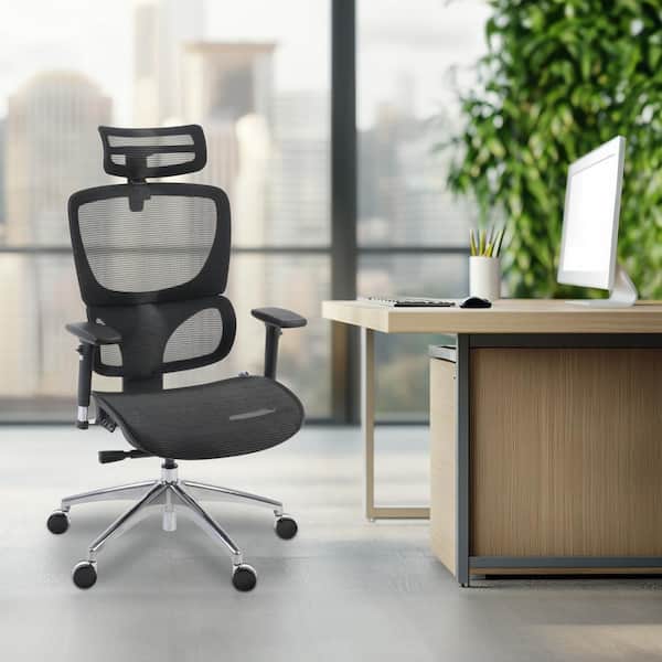 Leather Mesh Ergonomic Office Chair in Black with Adjustable Arms