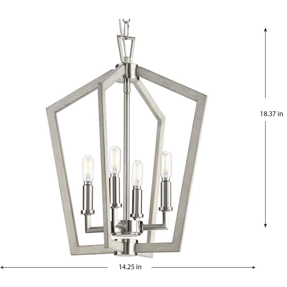 Brushed Nickel 4-Light Candelabra Chandelier with Oak Finish