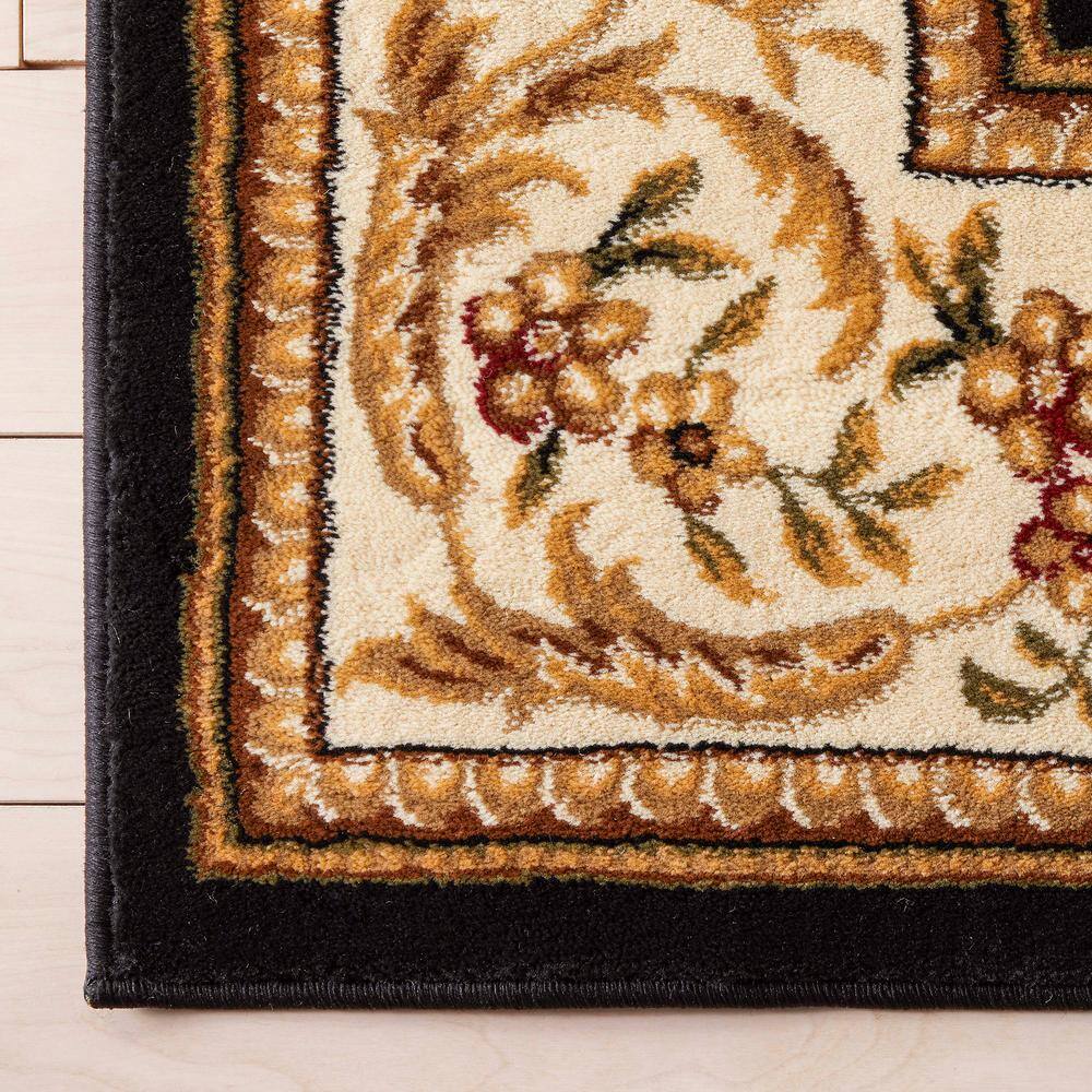 Black and Beige Floral Medallion Synthetic Area Rug