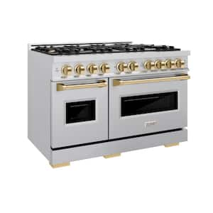 Classic 48 in. 8-Burner Dual Fuel Range with Double Oven in Stainless Steel and Polished Gold