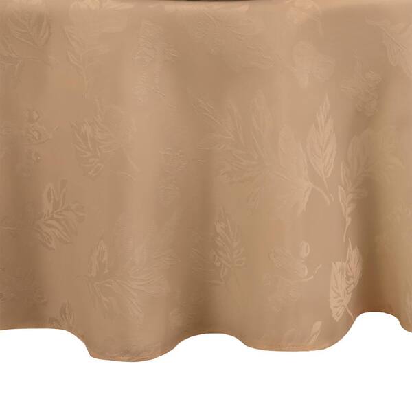 Elrene 70 in. Round Taupe Elegant Woven Leaves Jacquard Damask