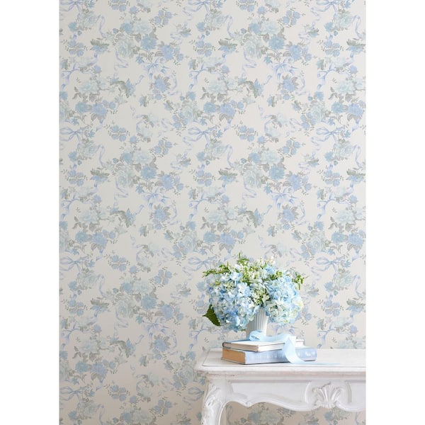 Cabbage Rose Bow Dusty River Blue Ribbons and Roses Wallpaper
