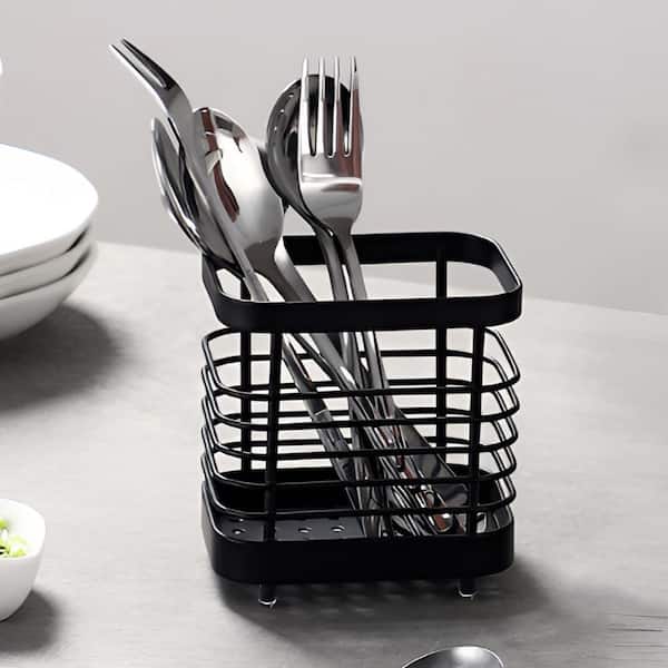 Black Stainless Steel Utensil Holder with Drainage Holes Kitchen Cutlery Caddy for Knives Forks Spoons Drying