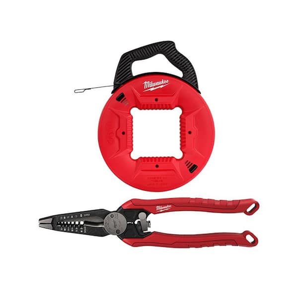 Milwaukee 1/4 in. x 100 ft. Steel Fish Tape with 9 in. 7-in-1 Combination Wire Strippers Pliers