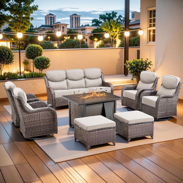 MoonLuxe Brown Wicker Fire Pit Conversation Set with Beige Olefin 6 in. Thick Cushions Patio Swivel Chairs (8-Piece)