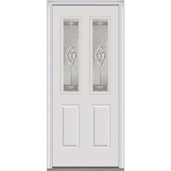 Milliken Millwork 36 in. x 80 in. Master Nouveau Decorative Glass 2 Lite 2-Panel Primed White Steel Prehung Front Door