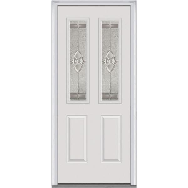 Milliken Millwork 34 in. x 80 in. Master Nouveau Decorative Glass 2 Lite 2-Panel Primed White Steel Prehung Front Door