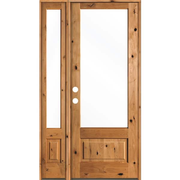 Krosswood Doors 50 in. x 96 in. Farmhouse Knotty Alder Right-Hand/Inswing 3/4-Lite Clear Glass Clear Stain Wood Prehung Front Door