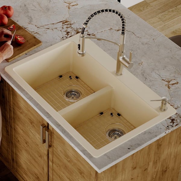 QT-810 Quartz/Granite 33 in. Double Bowl 50/50 Top Mount Drop-in Kitchen Sink in Bisque with Bottom Grid and Strainer