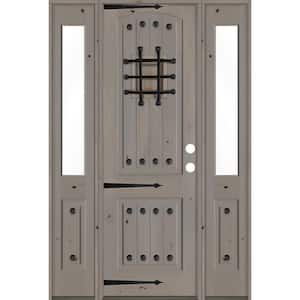 58 in. x 96 in. Mediterranean Knotty Alder Left-Hand/Inswing Clear Glass Grey Stain Wood Prehung Front Door w/DHSL