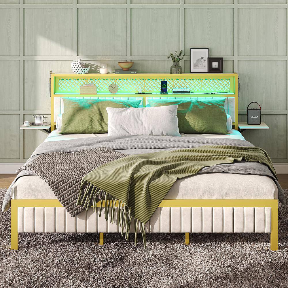 Off-White Queen Upholstered LED Platform Bed with Storage Headboard