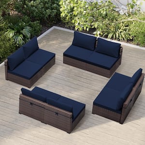 8-Person Wicker Patio Conversation Seating Set with Cushions in Navy Blue