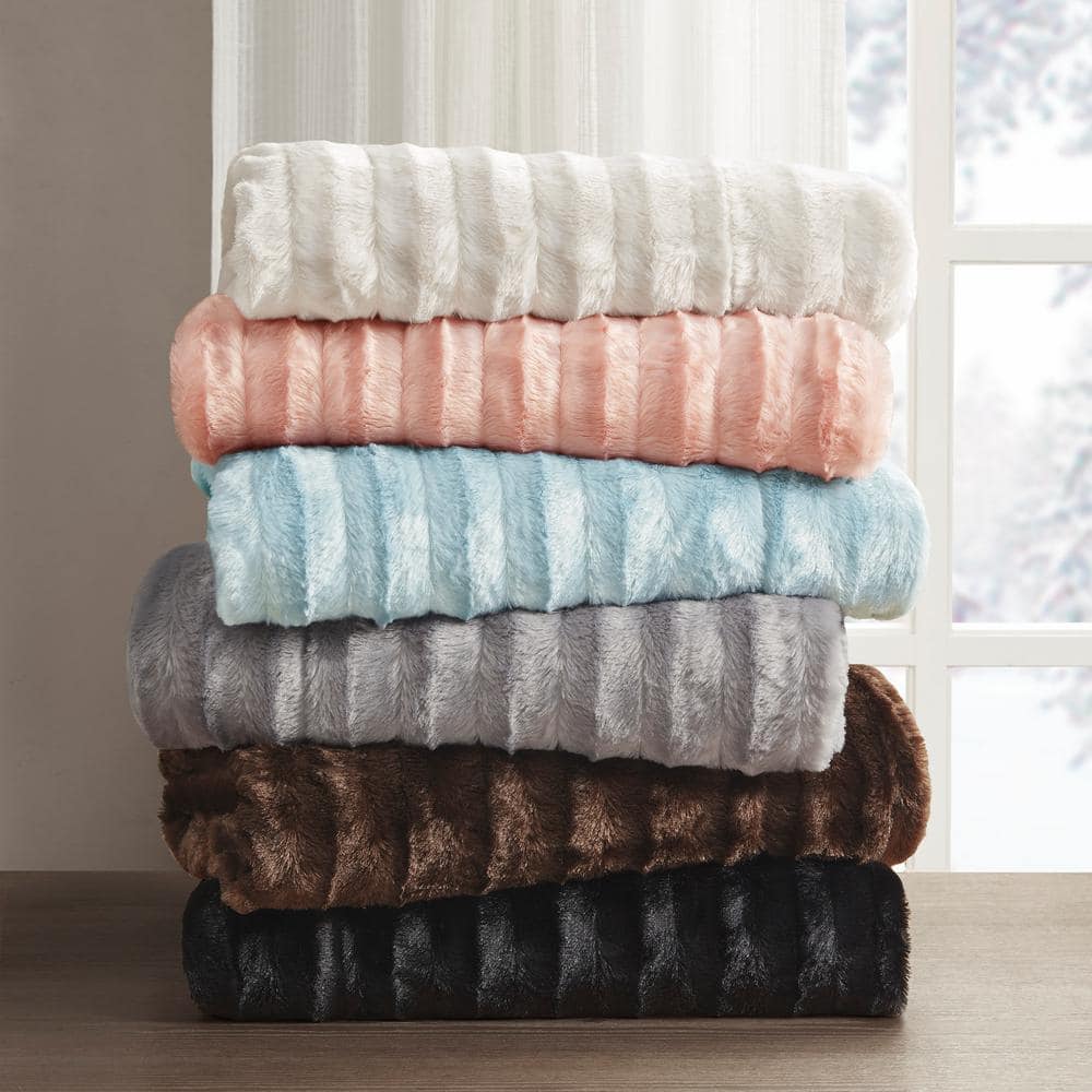 Blue Long Faux Fur Reversible Throw Blanket