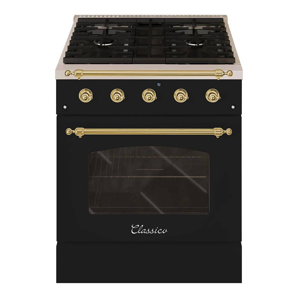 CLASSICO 30 in. 4.2 Cu.Ft. 4 Burner Freestanding All Gas Range with Gas Stove and Gas Oven, Glossy Black with Brass Trim -  Hallman, HCLRG30BSGB