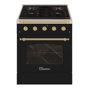 CLASSICO 30 in. 4.2 Cu.Ft. 4 Burner Freestanding All Gas Range with Gas Stove and Gas Oven, Glossy Black with Brass Trim